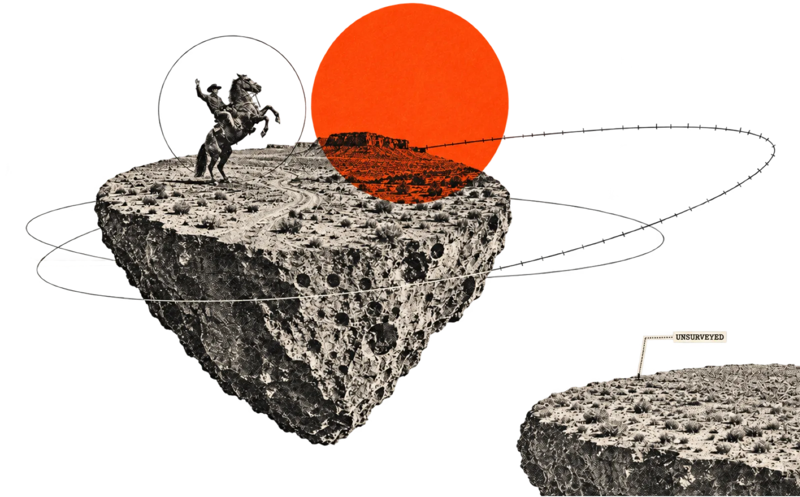 Surveyor's collage: a claim staked on a floating mesa, cowboy and orange sun, section 24 platted